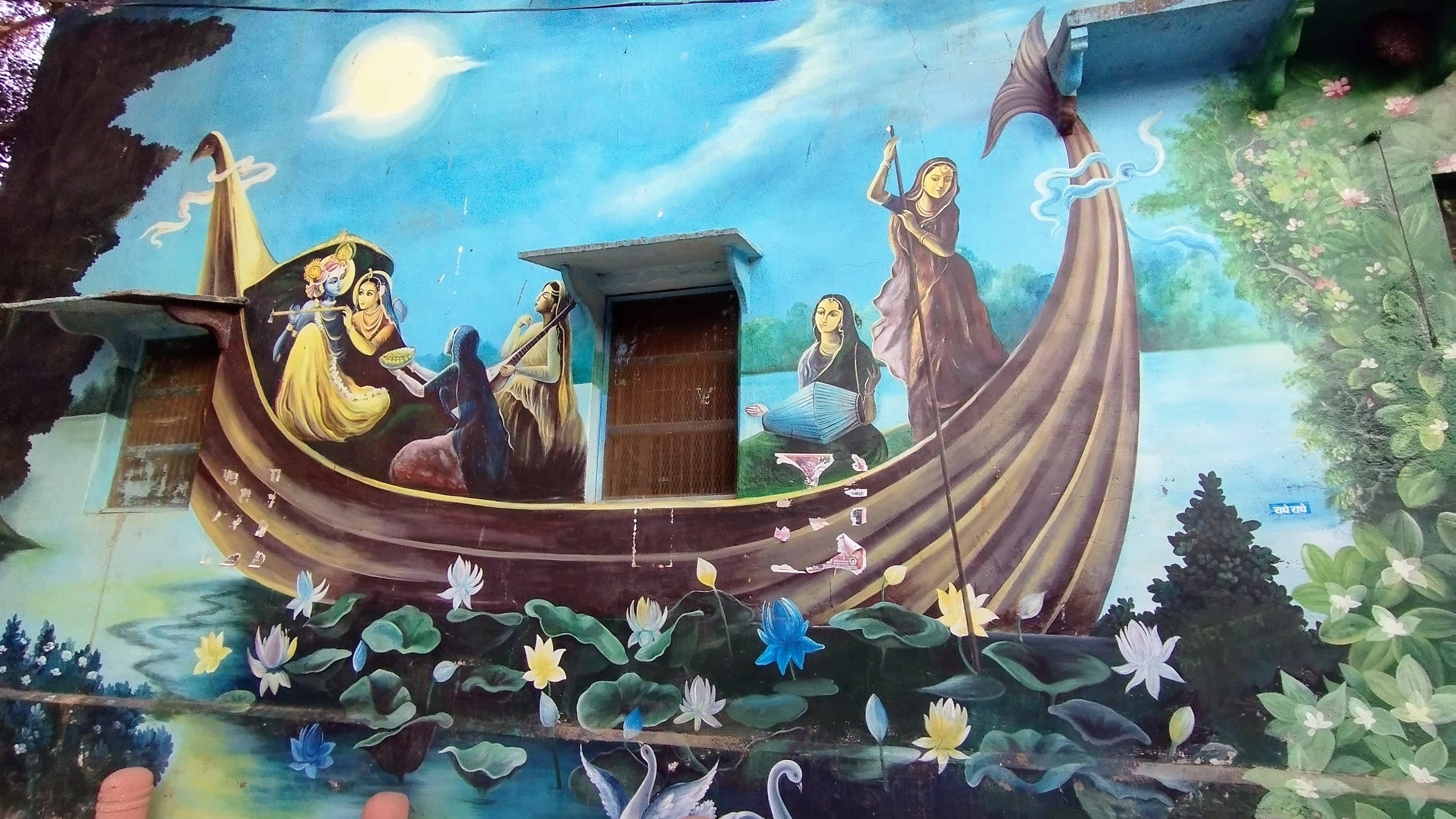 Floating in love’s eternal river, Radha and Krishna drift where time dissolves and only devotion remains 🌊💙✨